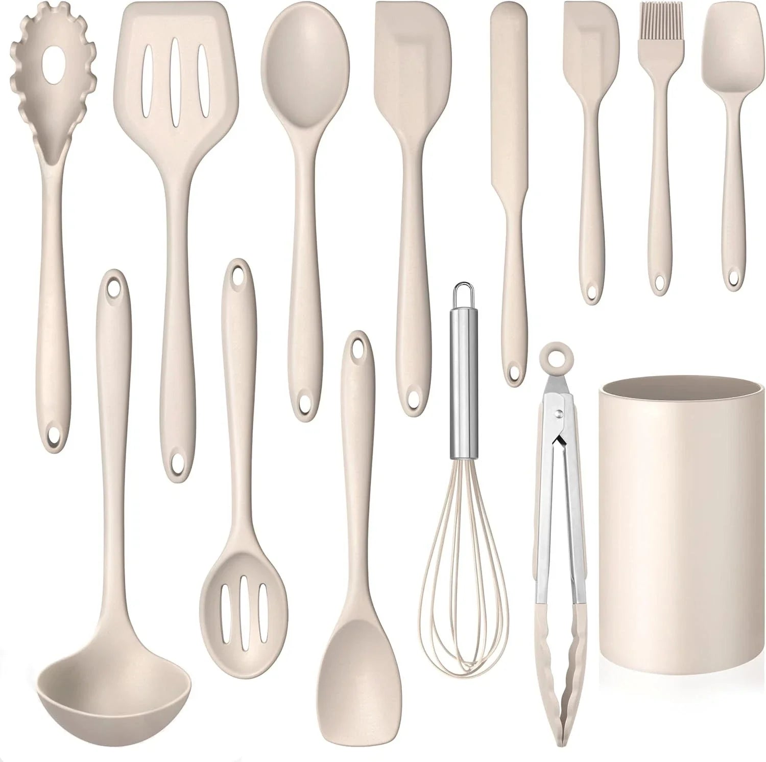 LIANYU 14 Pcs Kitchen Utensils Set with Holder, Silicone Cooking Khaki