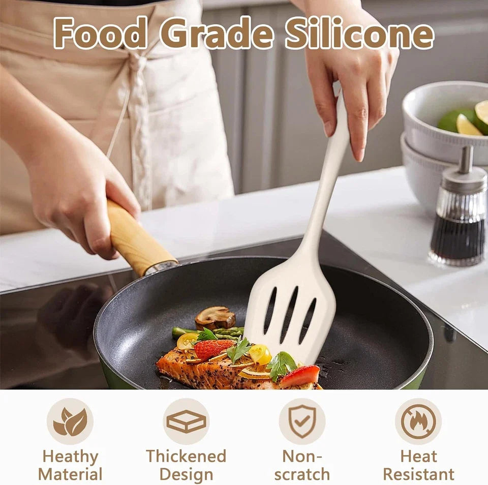 LIANYU 14 Pcs Kitchen Utensils Set with Holder, Silicone Cooking Khaki